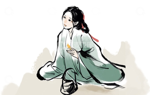 源文件下载【趣麦麦图】绿色水墨风水墨少女手绘图
