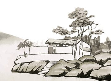 水墨国画-山野隐士人家