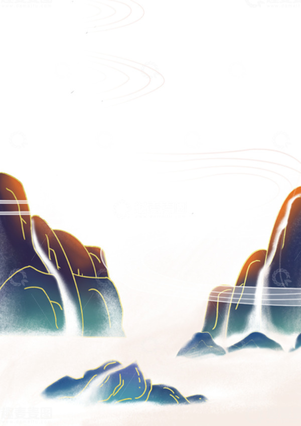 源文件下载【趣麦麦图】-青绿色国潮山水背景手绘矢量图