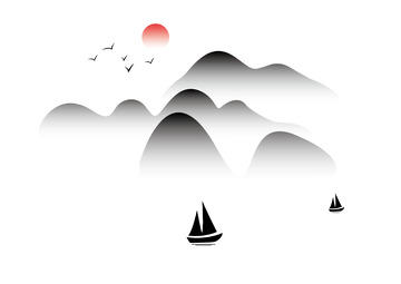 水墨山水船只飞鸟日出矢量手绘