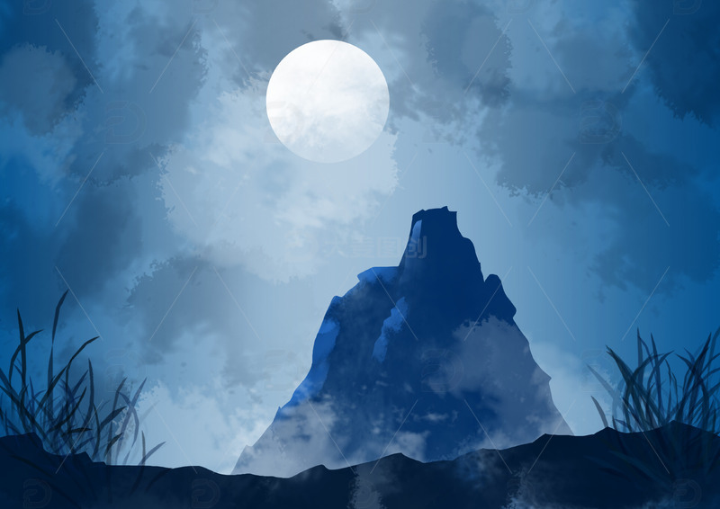 源文件下载【趣麦麦图】手绘水墨夜景山峰插画