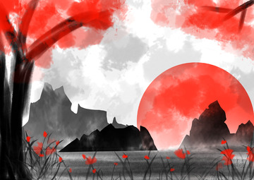 手绘水墨日出山林插画