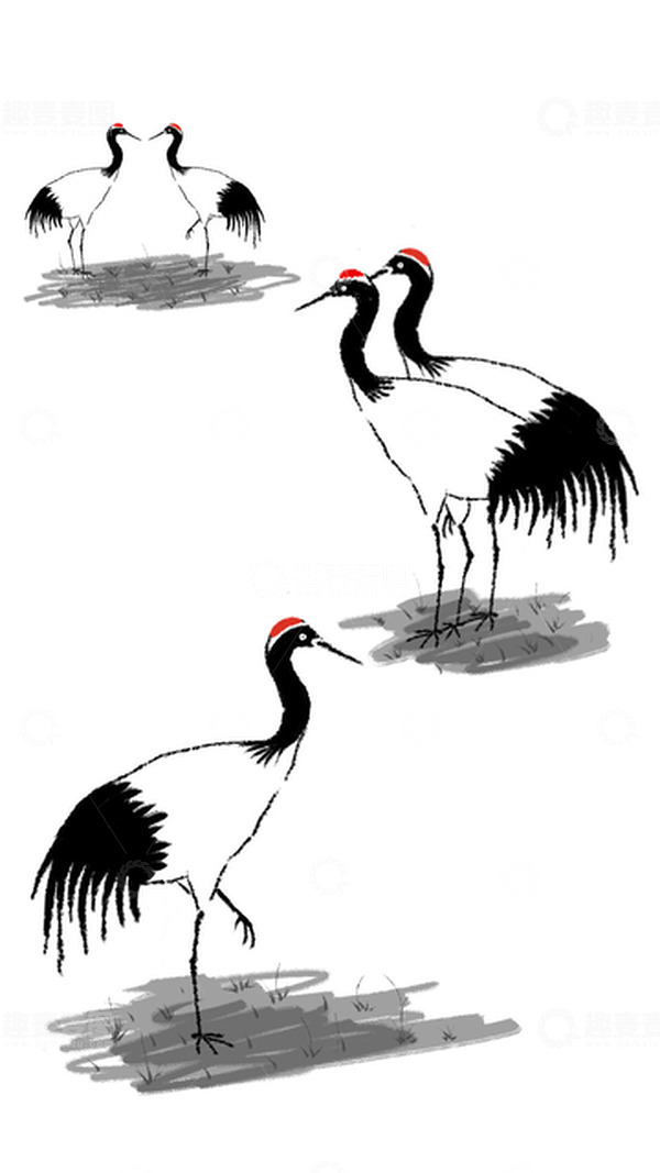 源文件下载【趣麦麦图】黑白色中国传统水墨风免抠图丹顶鹤素材