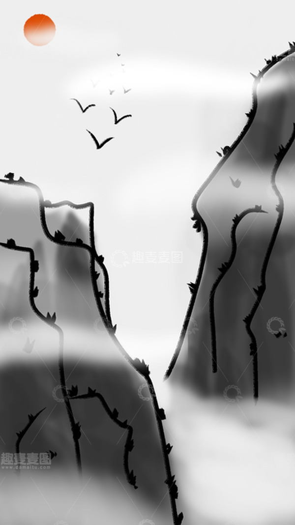 源文件下载【趣麦麦图】黑白灰中国传统风格水墨红日高峰飞鸟背景图