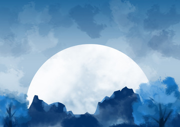 手绘水墨夜景山林