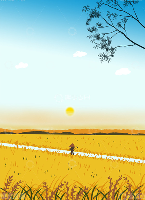 源文件下载【趣麦麦图】立秋金色稻田农民背景秋天手绘