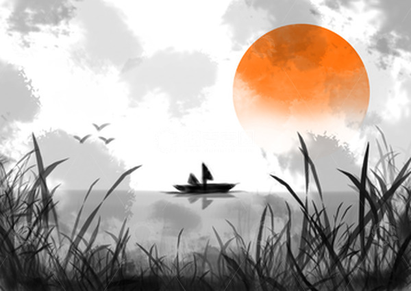 源文件下载【趣麦麦图】手绘水墨水景日出