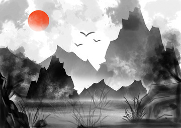 手绘水墨山林插画