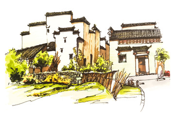 手绘古老建筑村落