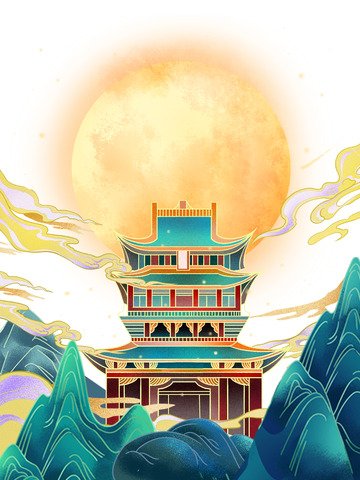 国潮中式手绘月亮建筑中秋节日素材