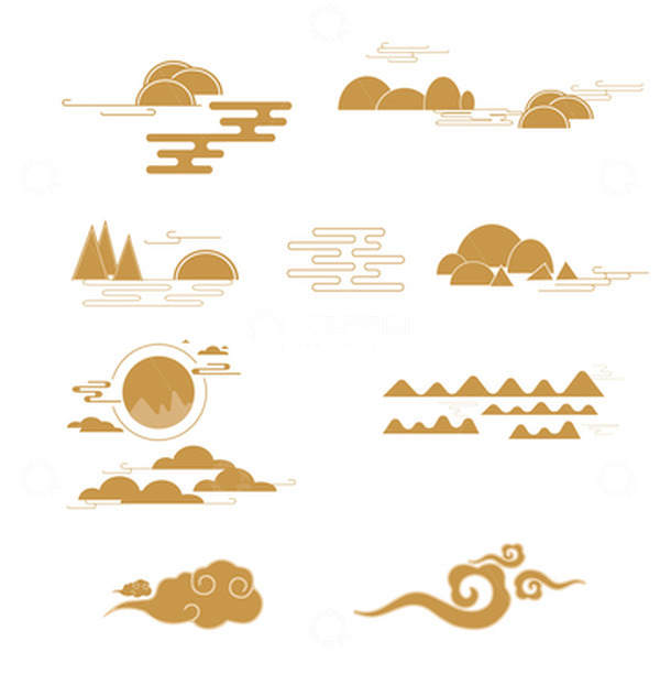 源文件下载【趣麦麦图】-传统中国风矢量祥云图案线条山峰中秋节元素