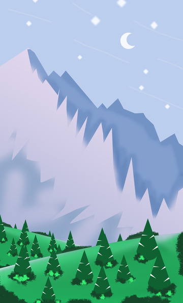 手绘卡通蓝色大气高山丛林背景插画