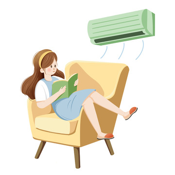 女孩坐在椅子上吹着空调看书扁平手绘图