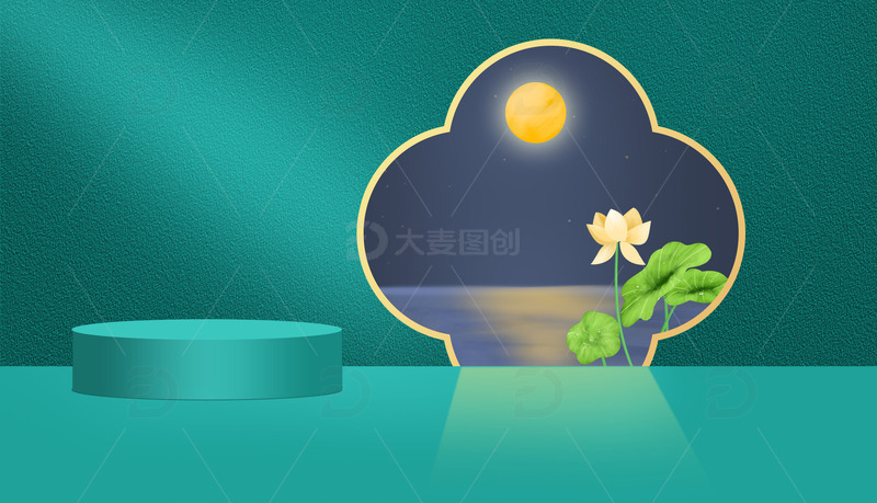 手绘中秋绿色活动背景PSD