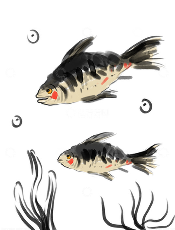 源文件下载【趣麦麦图】黑白水墨风中国画鱼手绘元素