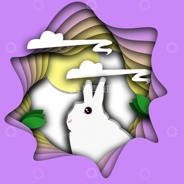 源文件下载【趣麦麦图】紫色剪纸风风中秋节玉兔插画