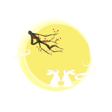 暖色中秋月亮兔子手绘插画元素