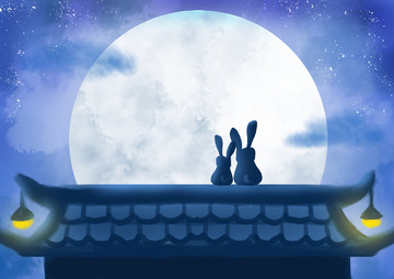 手绘中秋月亮夜景