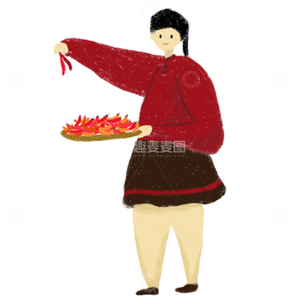 源文件下载【趣麦麦图】晒辣椒框子收获人物女孩夸张手绘插画
