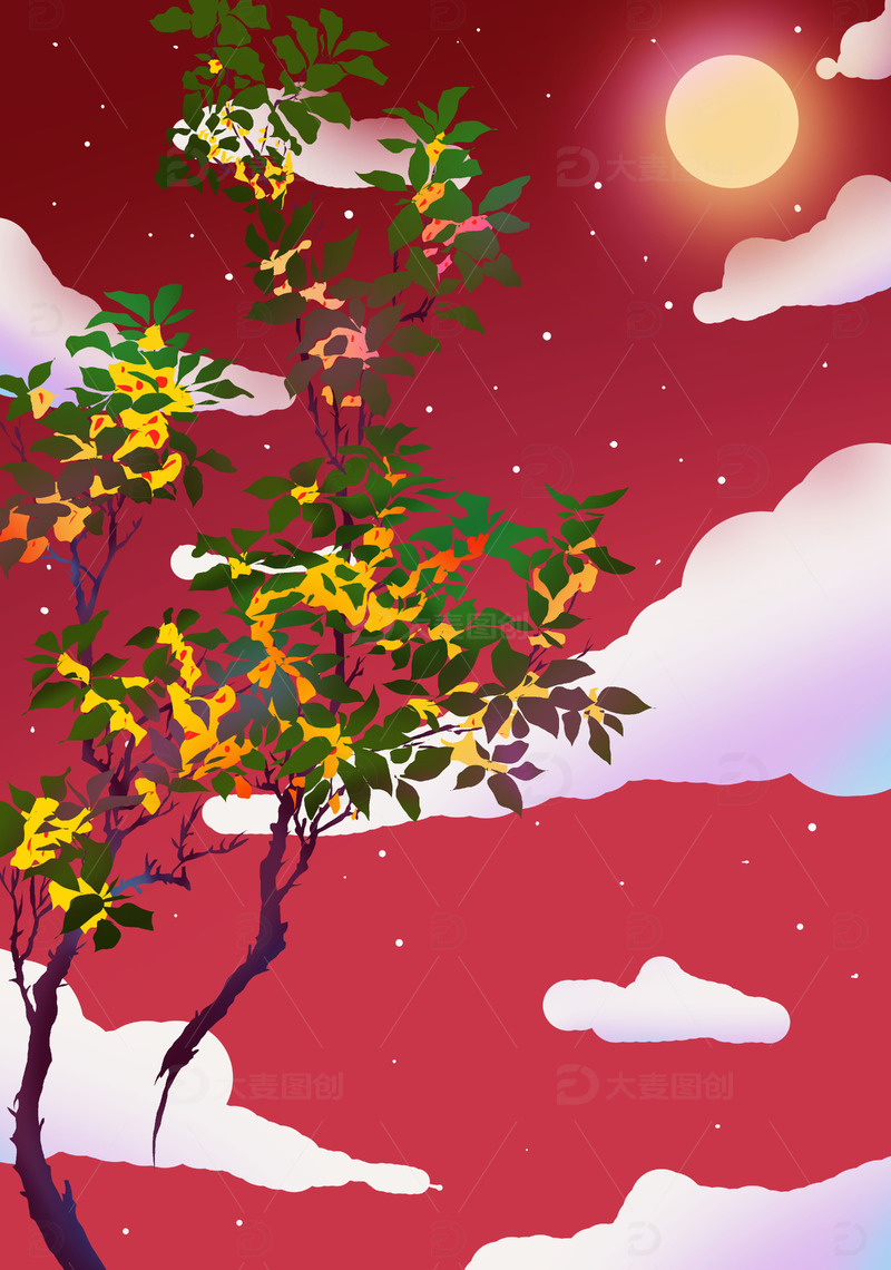 源文件下载【趣麦麦图】红色国潮风宫墙桂花中秋节圆月背景