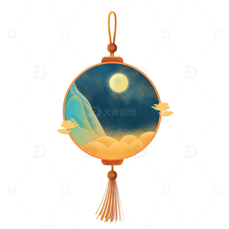 源文件下载【趣麦麦图】蓝绿色国潮风中秋节灯笼装饰配件手绘元素