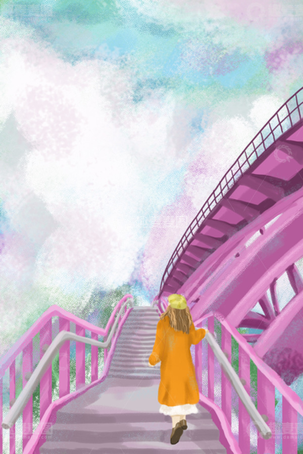 源文件下载【趣麦麦图】玫红色插画风格上桥的女孩手绘图