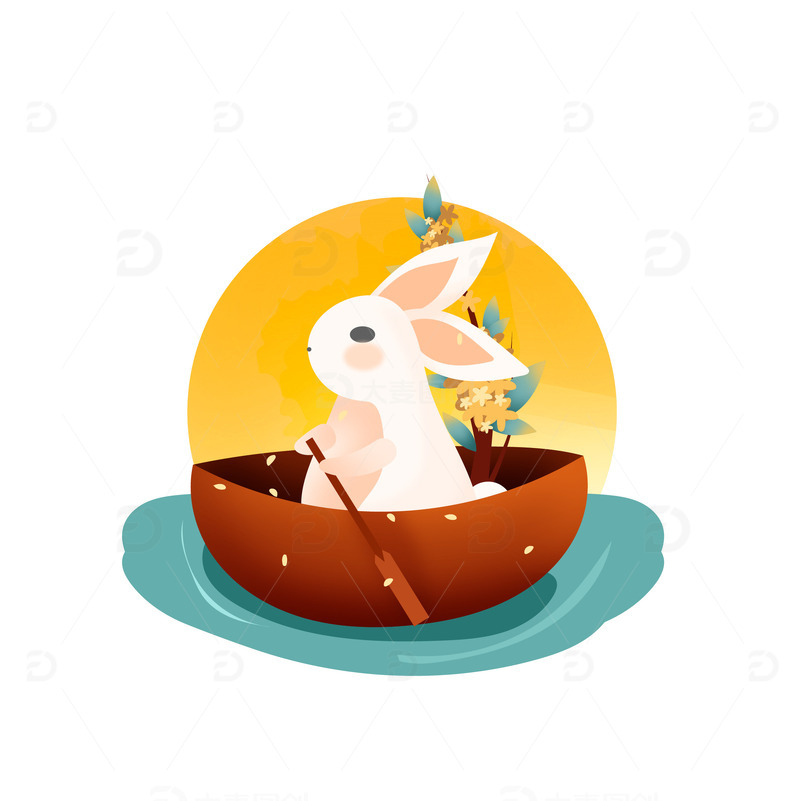 源文件下载【趣麦麦图】矢量手绘中秋月兔划船装饰元素