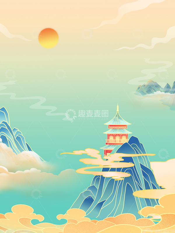 源文件下载【趣麦麦图】国潮手绘中秋山水卡通风景背景