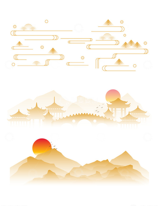 源文件下载【趣麦麦图】中国风国潮山脉祥云寺庙建筑装饰插画