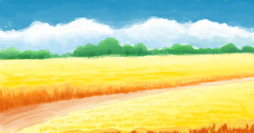 金黄色麦田小清新蓝色天空白云立秋手绘插画