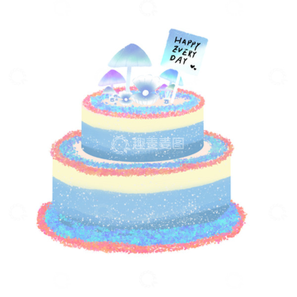 源文件下载【趣麦麦图】生日节庆海洋风蓝白色贝壳蘑菇蛋糕手绘图