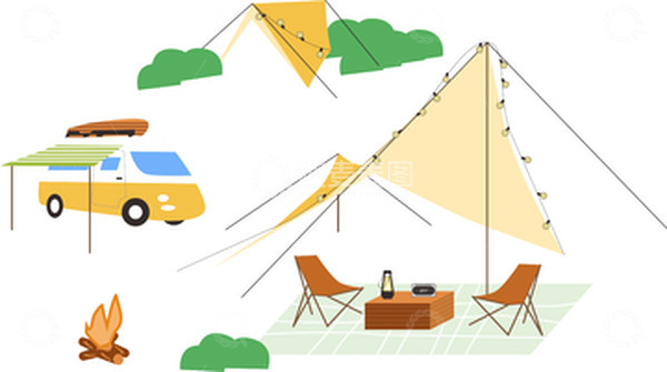 源文件下载【趣麦麦图】户外露营天幕帐篷篝火清新小元素