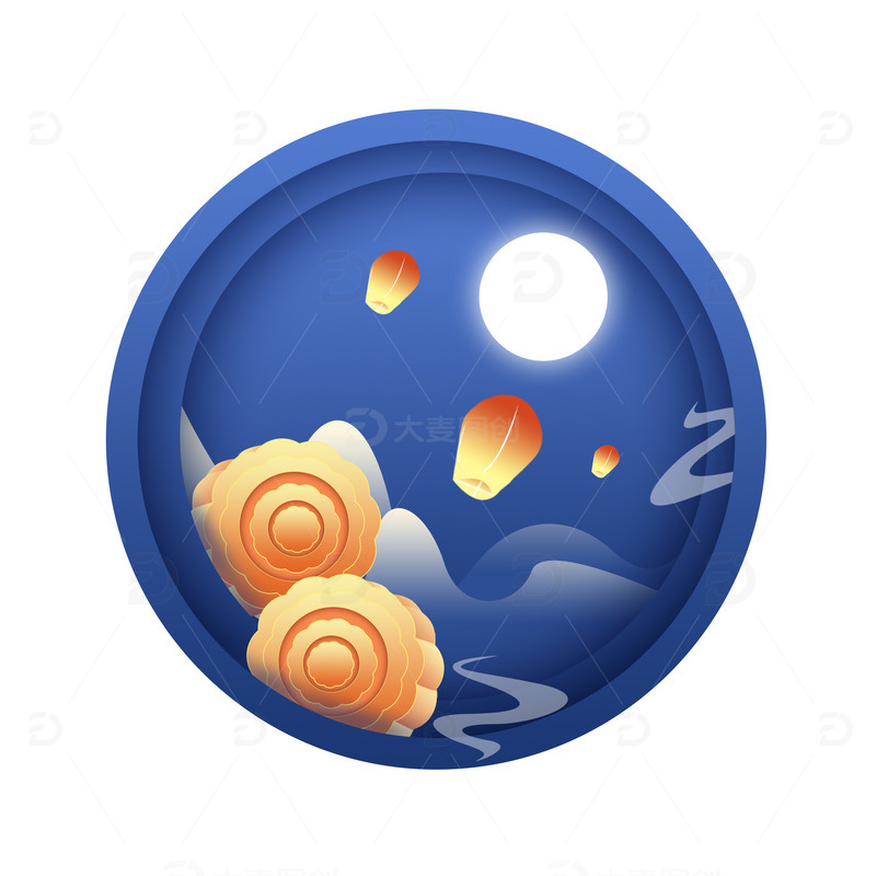 源文件下载【趣麦麦图】蓝色剪纸中国风中秋月饼月亮元素