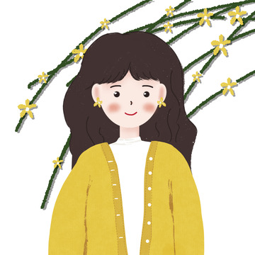 手绘秋花黄色毛衣长发女孩插画头像