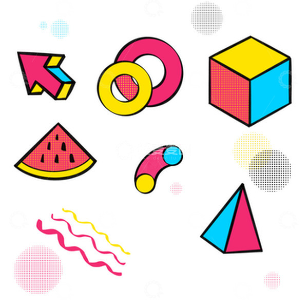 源文件下载【趣麦麦图】孟菲斯立方体西瓜箭头圆环几何点阵装饰