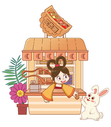 黄色卡通月饼屋中秋插画