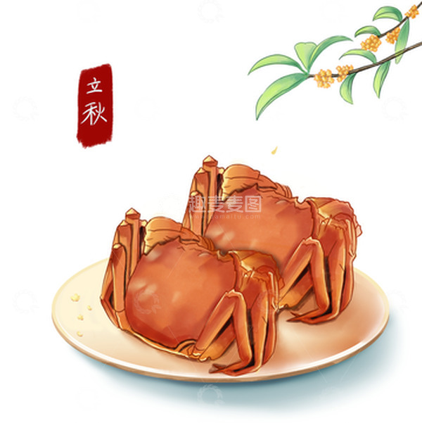 源文件下载【趣麦麦图】手绘，立秋，桂花，大闸蟹