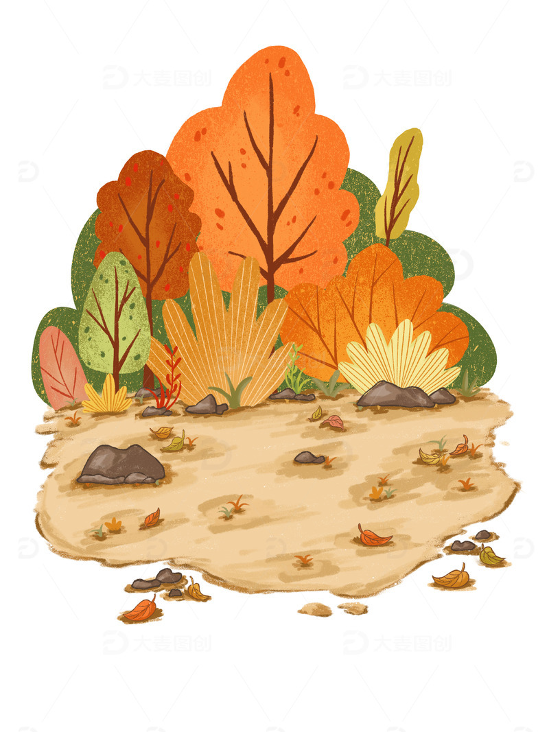 手绘秋天植物元素立秋小场景插画
