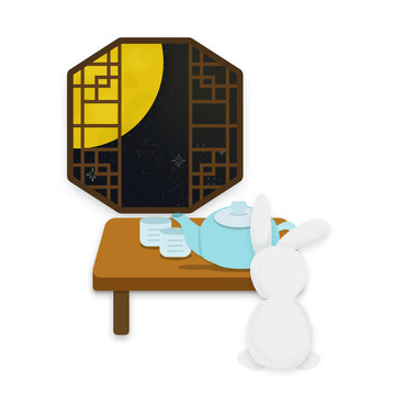 手绘月兔窗前喝茶赏月茶杯青翡翠茶壶茶桌