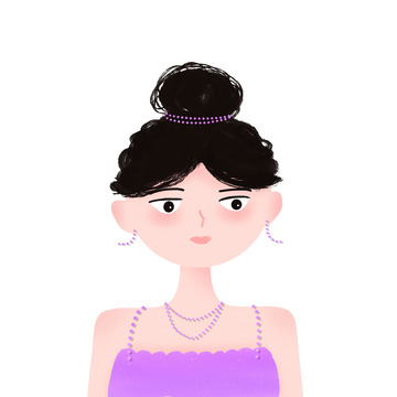 手绘复古风丸子头舞会紫色礼服女生头像贴纸