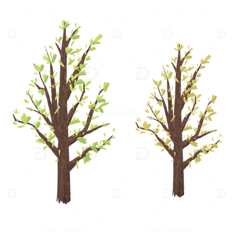 手绘扁平绿黄色初春小树组合