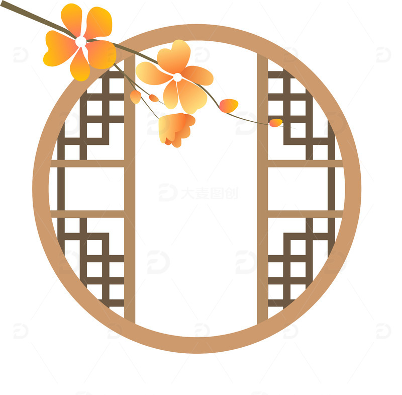 源文件下载【趣麦麦图】古风窗户枝头花装饰矢量插图