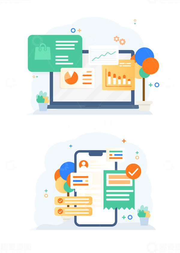 源文件下载【趣麦麦图】扁平化科技网络电脑统计信息装饰插画