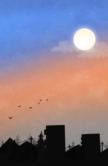 城市剪影晚霞月亮简约背景