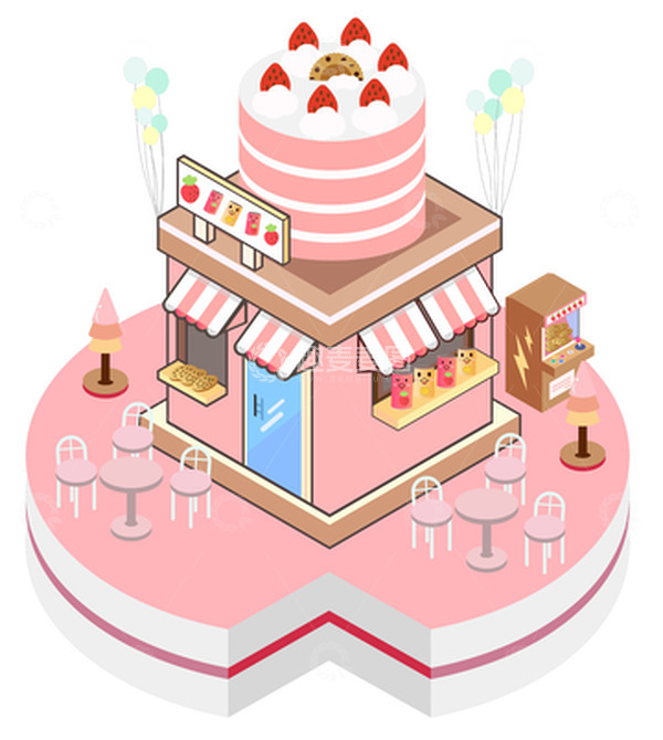 源文件下载【趣麦麦图】2.5D粉色蛋糕小屋