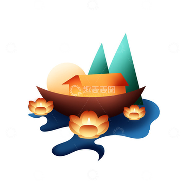 源文件下载【趣麦麦图】矢量手绘中元节荷花灯船装饰元素