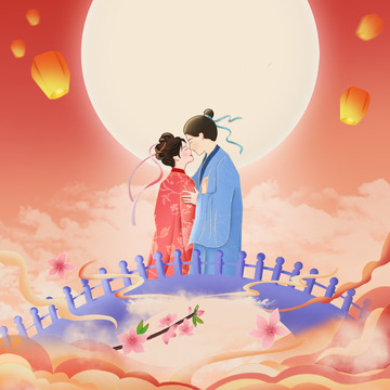 手绘，浪漫，七夕，鹊桥