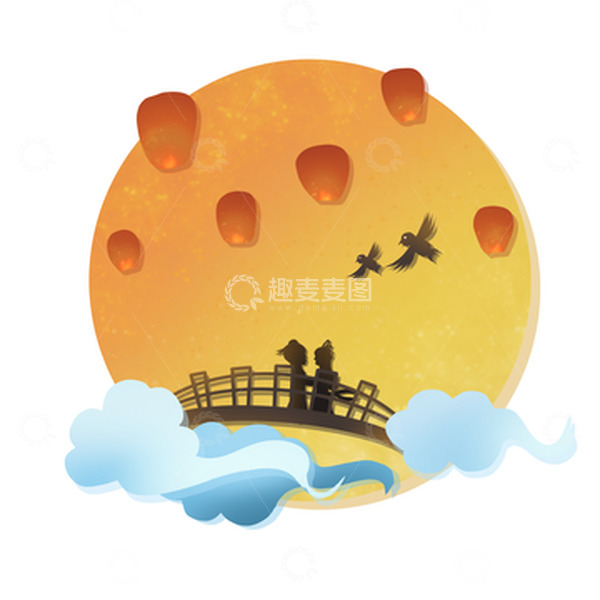 源文件下载【趣麦麦图】浪漫七夕情人节牛郎织女鹊桥相会手绘