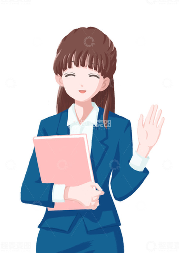 源文件下载【趣麦麦图】蓝色小清新西装女孩拿书招手微笑手绘
