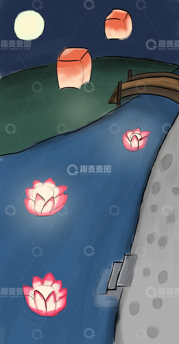 源文件下载【趣麦麦图】彩色简笔中元节放河灯手绘背景图
